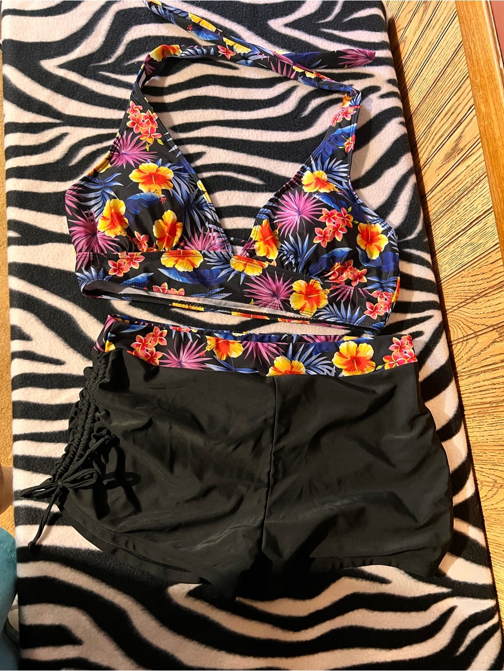 Floral Halter Girls One-Piece Swim Set in Black with Multicolor Floral Print